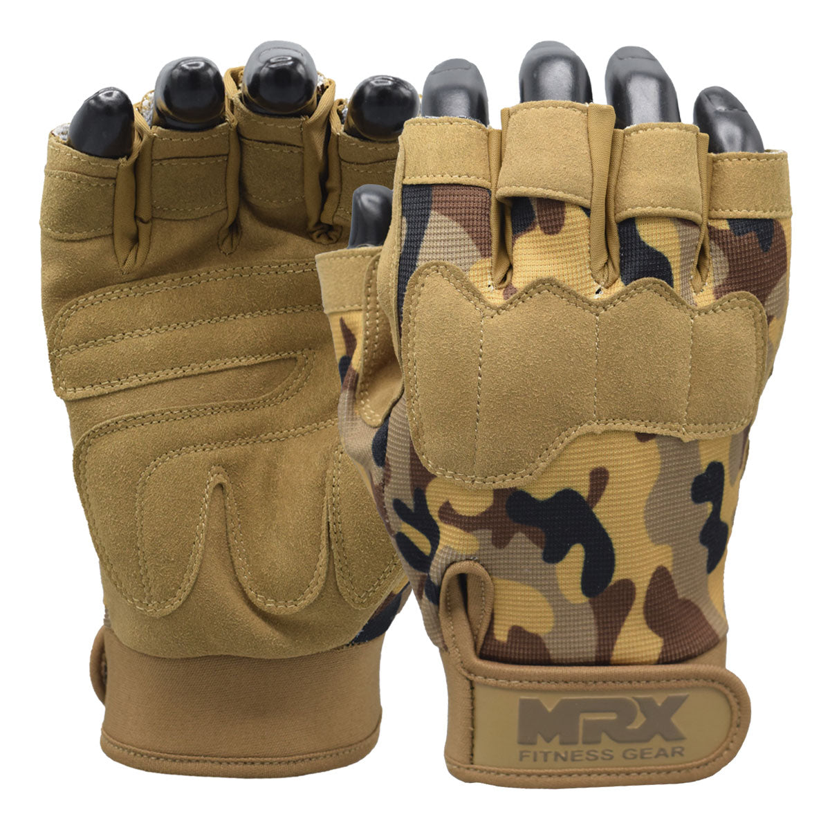 Pair of tactical gloves with camouflage pattern and MRX branding on a white background