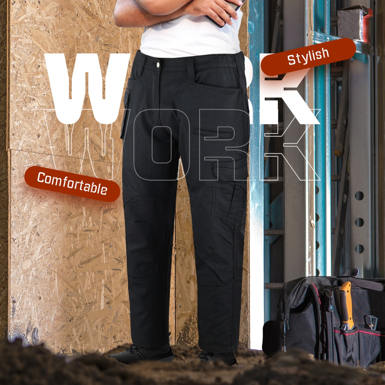 Mens Tactical Pants Elasticated Waist Water Resistant Cargo Pants for Men Work Construction Relaxed Fit (34 Length)