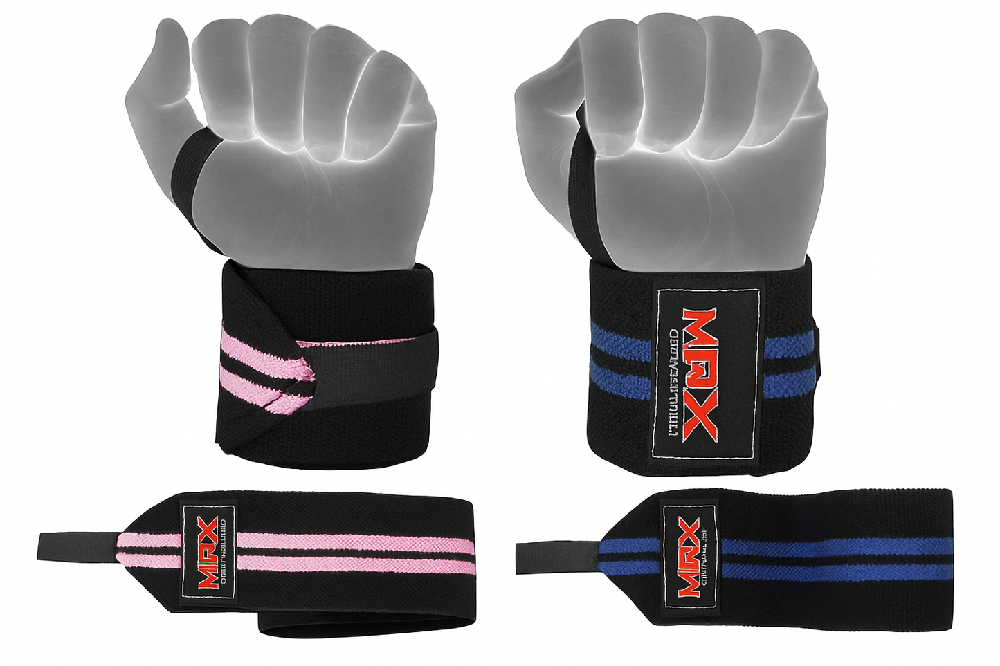 MRX Weight Lifting Wrist Wraps for Men & Women - Adjustable Support for Strength Training, Blue & Pink Set