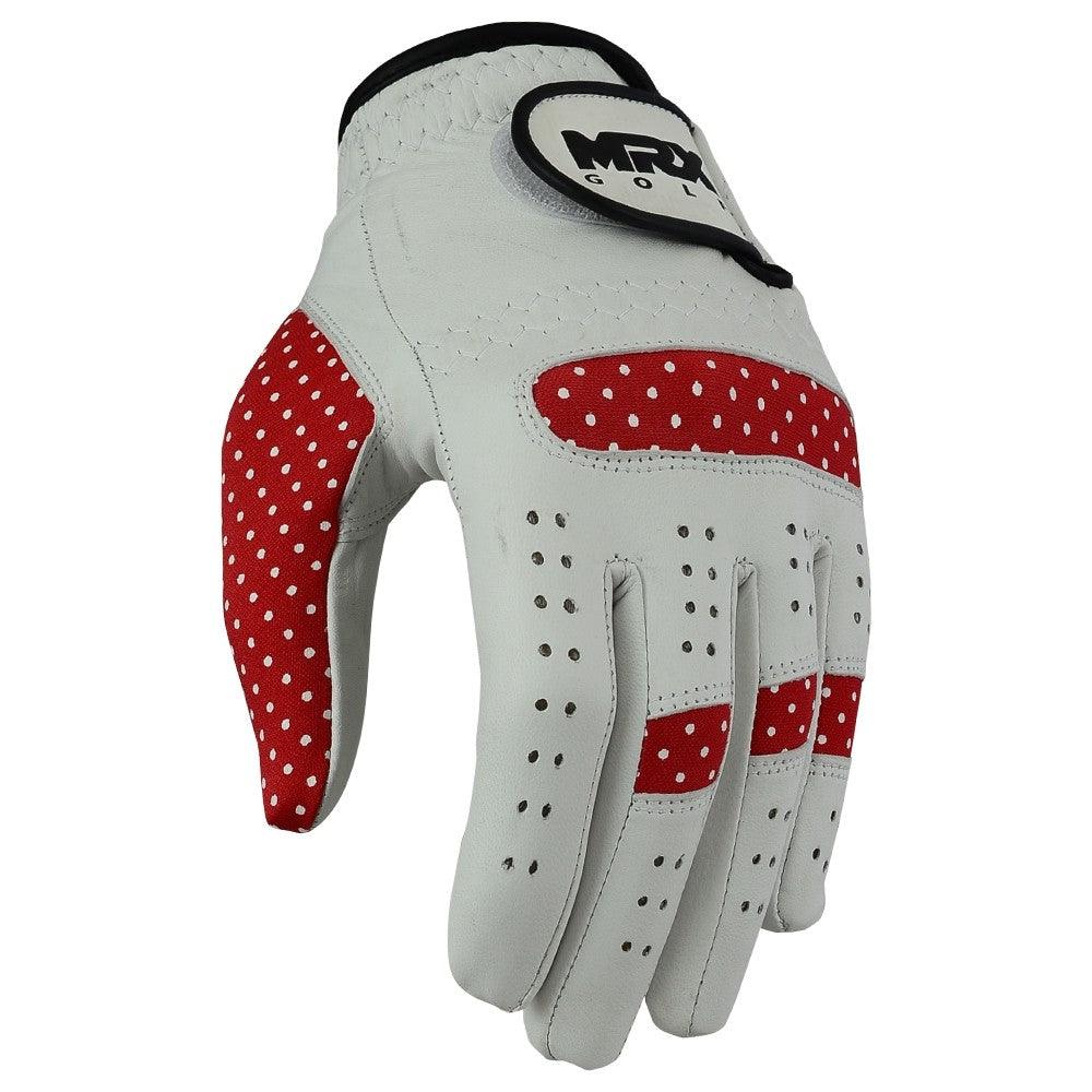 New Women's Golf Gloves Left Hand Cabretta Leather White Red - MRX Products