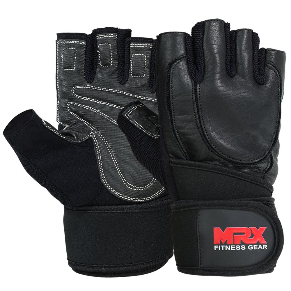 MRX Weight Lifting Gloves Long Wrist Straps Gym Training Leather Black All Sizes - MRX Products