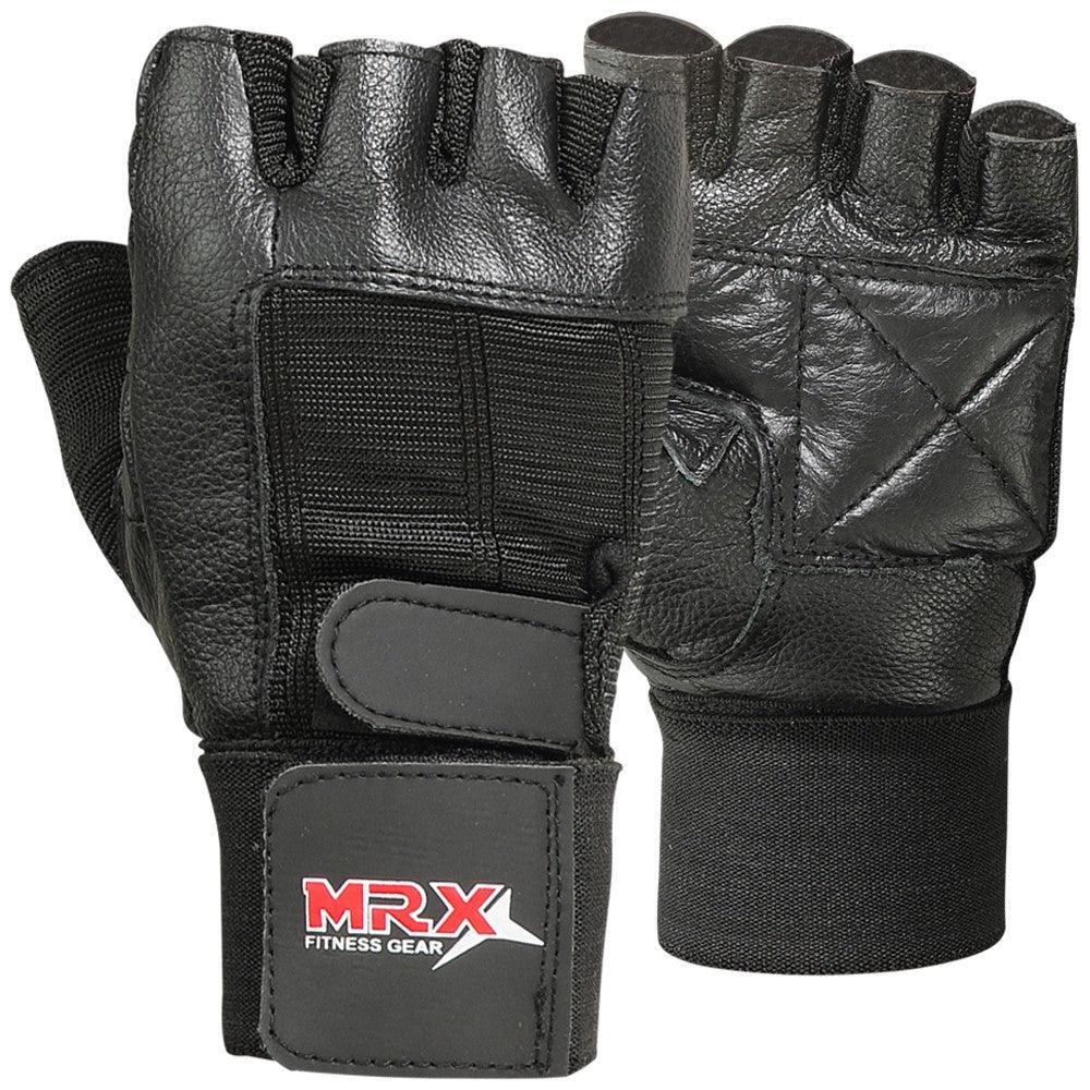 MRX Weight Lifting Gloves With Long Wrist Strap Genuine Leather Black All Sizes - MRX Products