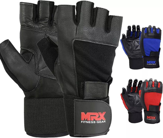 MRX Weight Lifting Gloves Leather Workout Glove With Long Wrist Strap