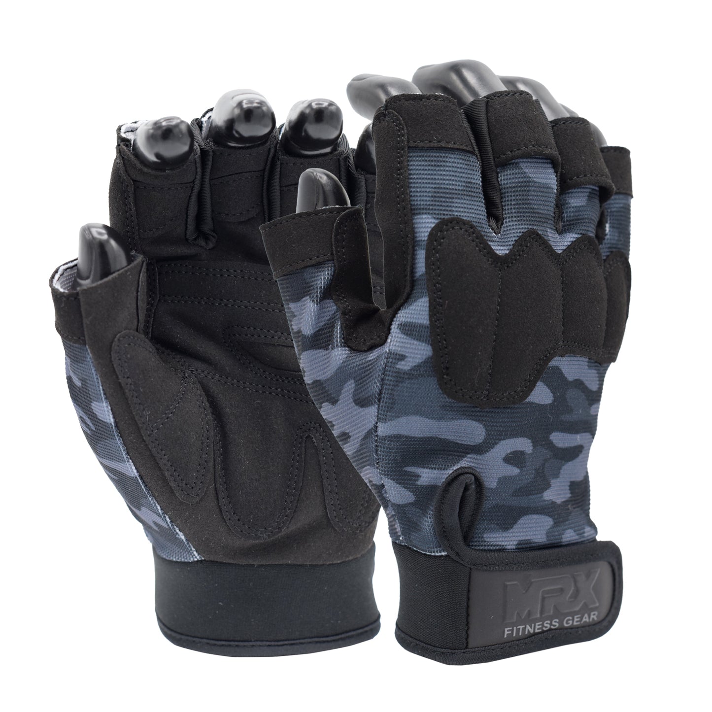 Pair of black and gray camouflage gloves with 'MRX Fitness Gear' branding on a white background.
