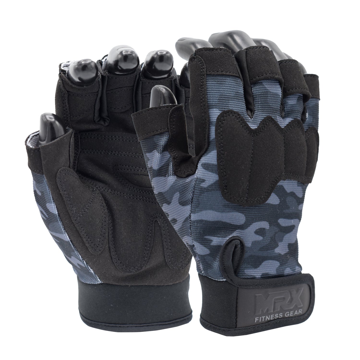 Pair of black and gray camouflage gloves with 'MRX Fitness Gear' branding on a white background.