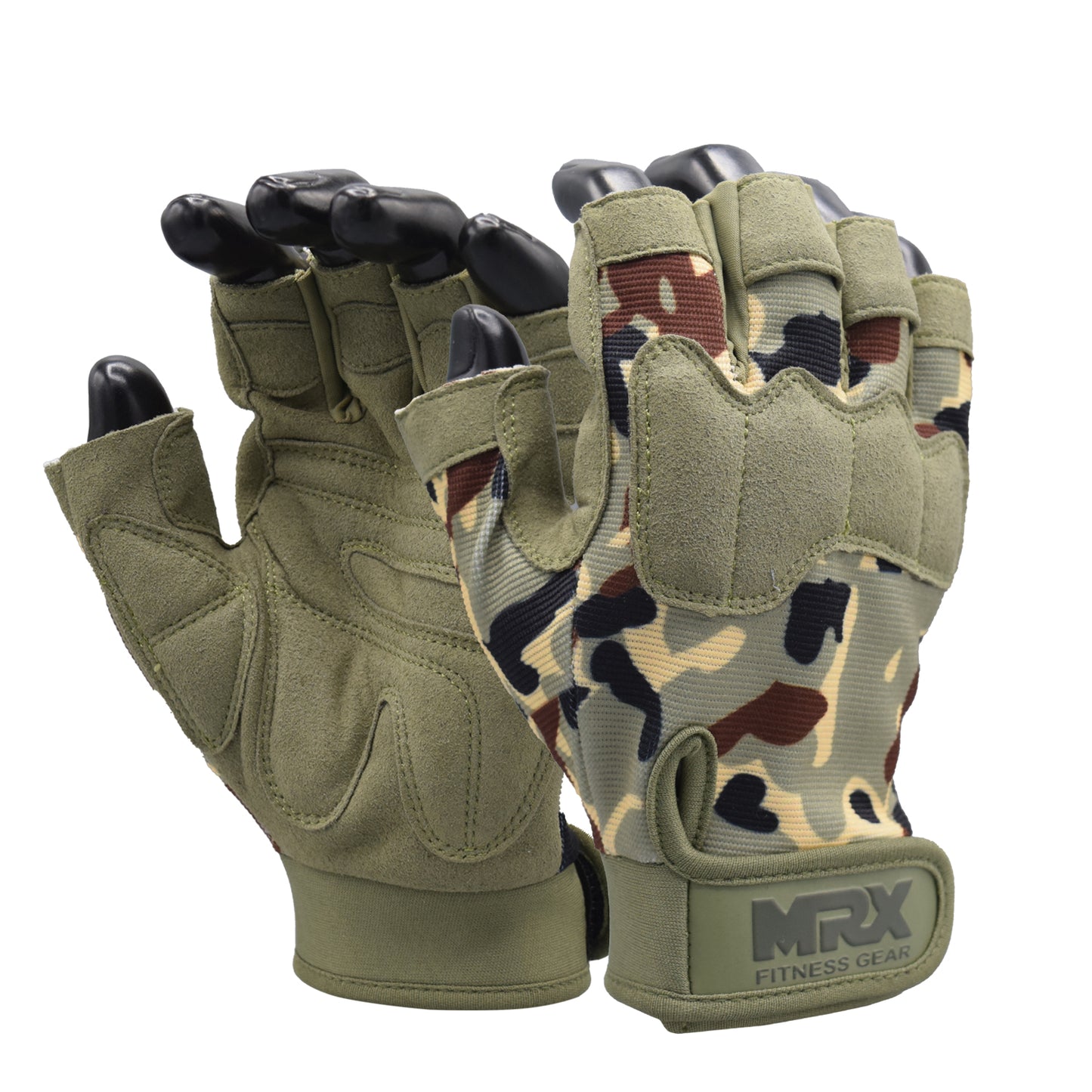 Pair of tactical gloves with camouflage pattern on a white background