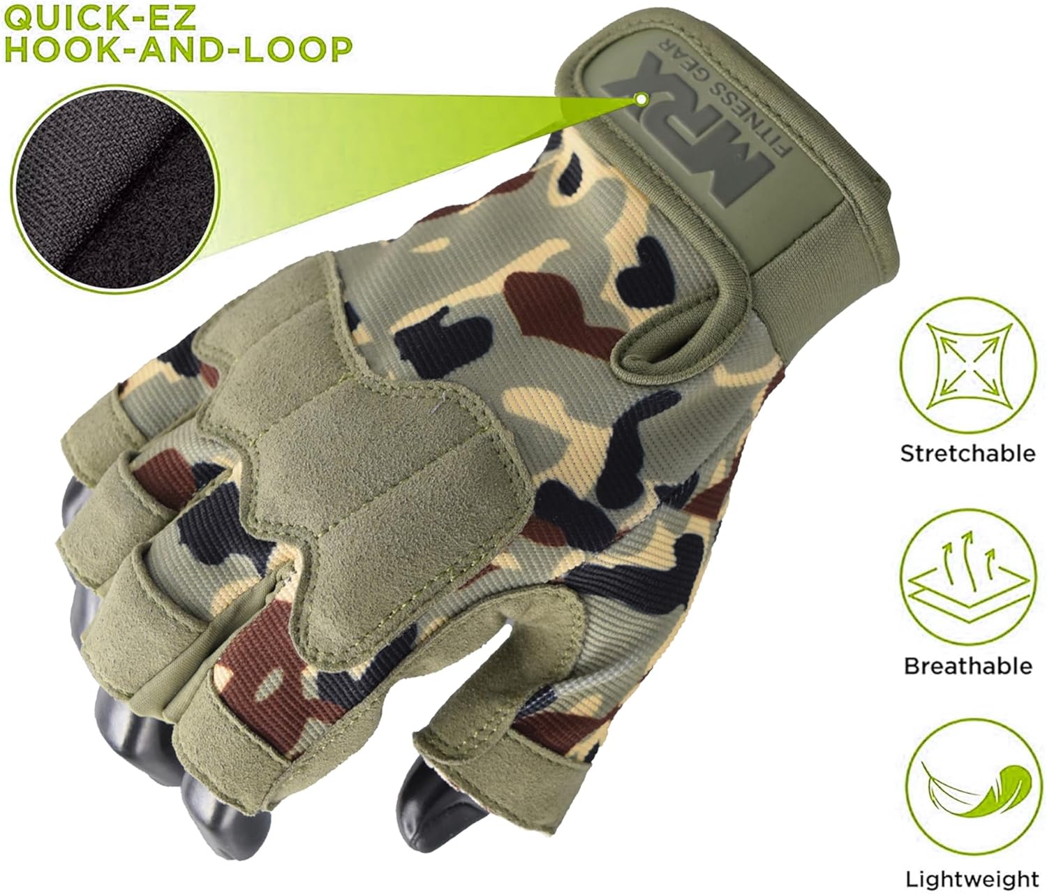 Camouflage tactical glove with quick-ez hook-and-loop feature on a white background