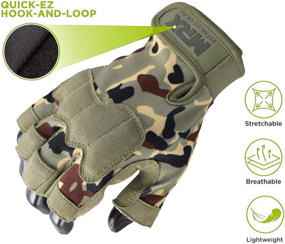 Camouflage tactical glove with quick-ez hook-and-loop feature on a white background