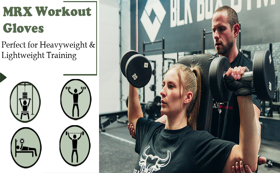 MRX Workout Gloves advertisement with people lifting weights in a gym setting