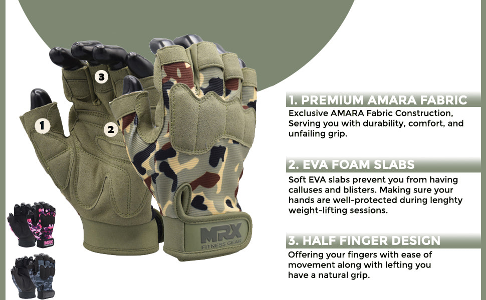 Camouflage gloves with text detailing features on a gray background