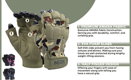 Camouflage gloves with text detailing features on a gray background