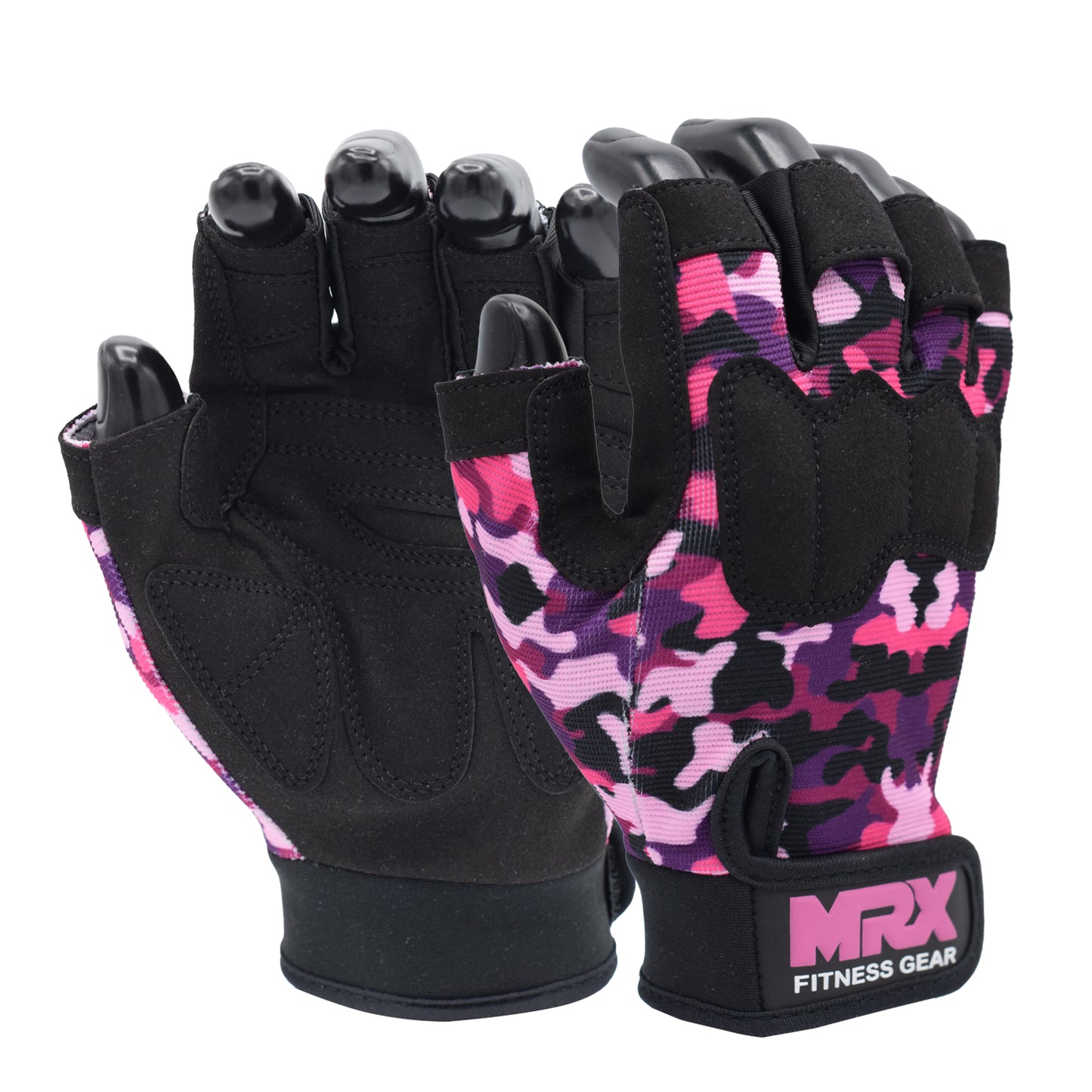 Pair of black and pink camouflage gloves with MRX Fitness Gear branding on a white background