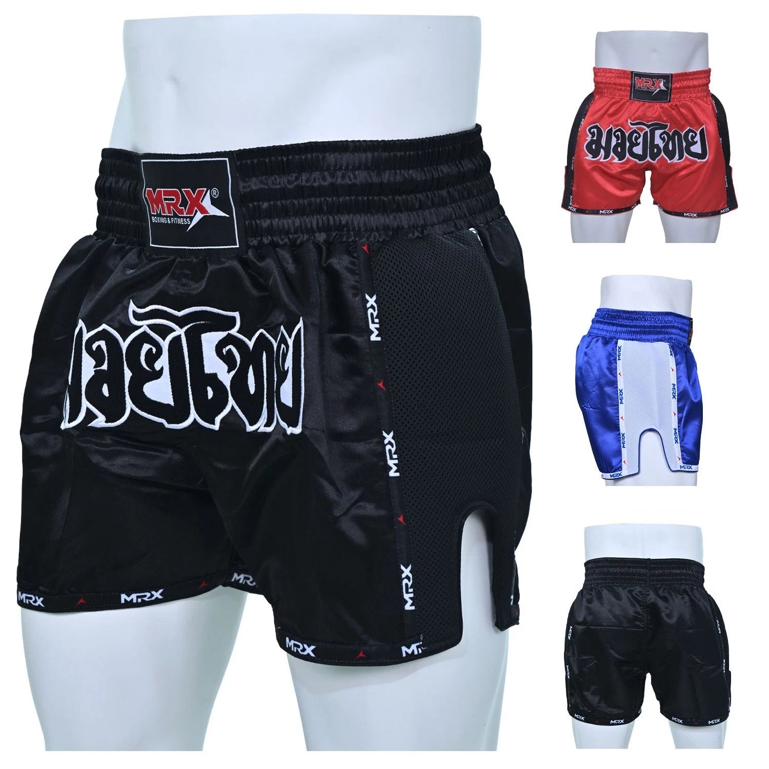 Black Muay Thai shorts with white Thai script on the front, shown on a white mannequin torso. Three smaller inset images on the right show the same shorts in red, blue, and black colorways against a white background.