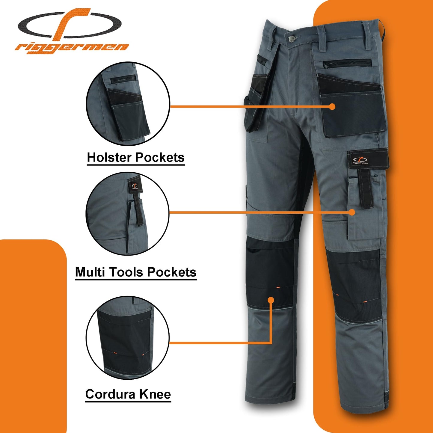 riggermen tacticle pants info graphic construction outdoor work 6 pockets