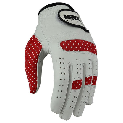 New Women's Golf Gloves Left Hand Cabretta Leather White Red - MRX Products 
