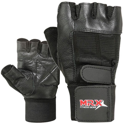 MRX Weight Lifting Gloves With Long Wrist Strap Genuine Leather Black All Sizes