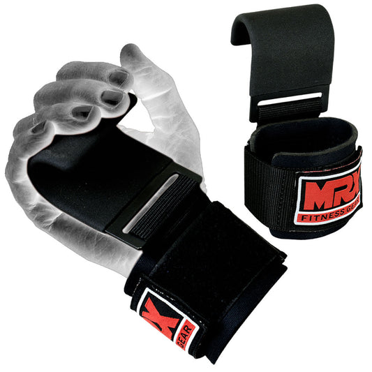 A pair of black MRX weightlifting metal hooks with neoprene padding and fastener strap, designed for deadlifting and weightlifting.