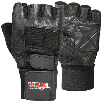 MRX Weight Lifting Gloves With Long Wrist Strap Genuine Leather Black All Sizes - MRX Products 